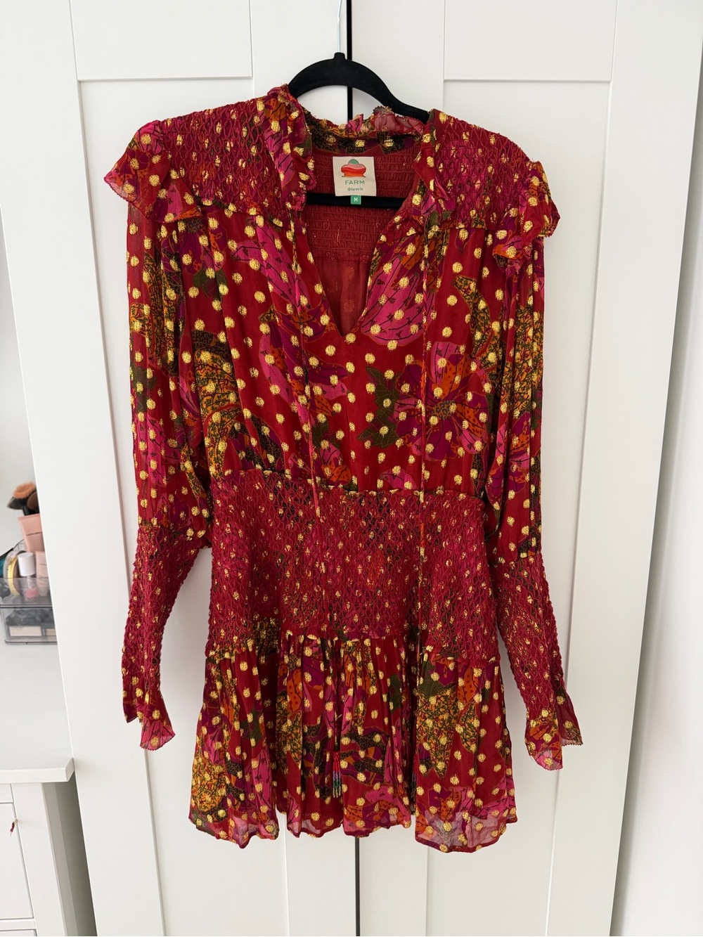 FARM Rio Red and Yellow Floral Smocked Mini Dress
